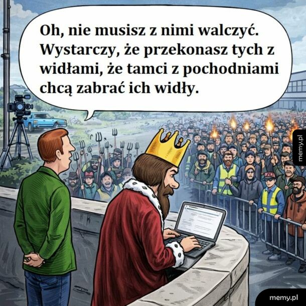 Król z laptopem patrzy na tłum protestujących z widłami i pochodniami