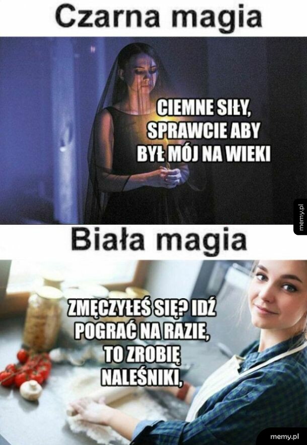 Mem porównujący czarną magię z białą magią