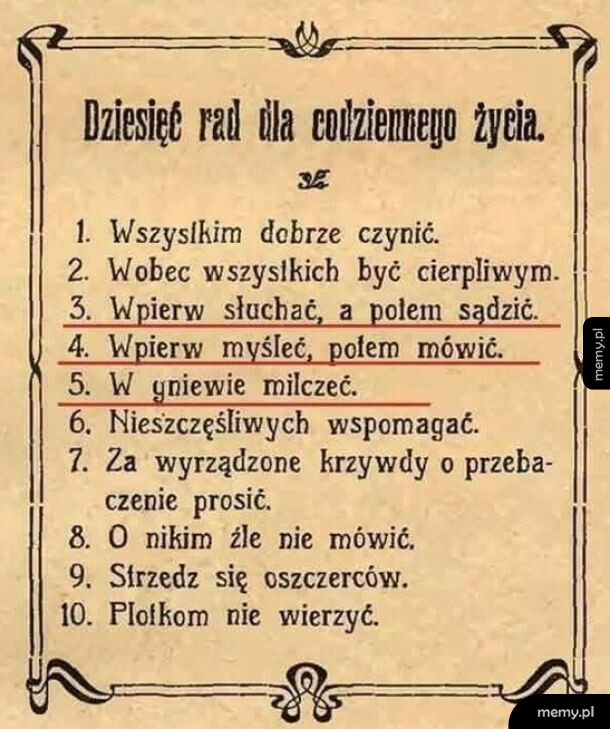 Stara karta z dziesięcioma radami dla codziennego życia