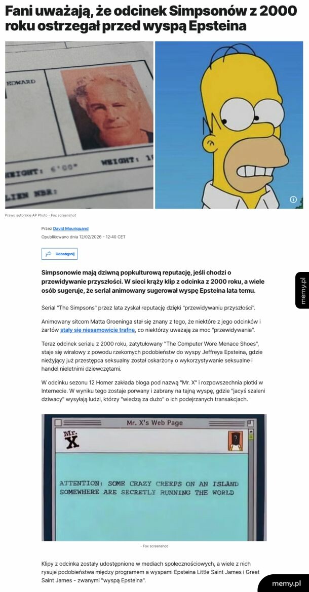 Memiczny artykuł o tym, jak Simpsonowie przewidzieli wyspę Epsteina.