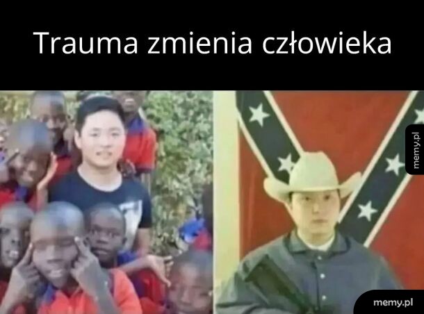Mężczyzna w dwóch sytuacjach: po lewej z dziećmi, po prawej z flagą Konfederacji.