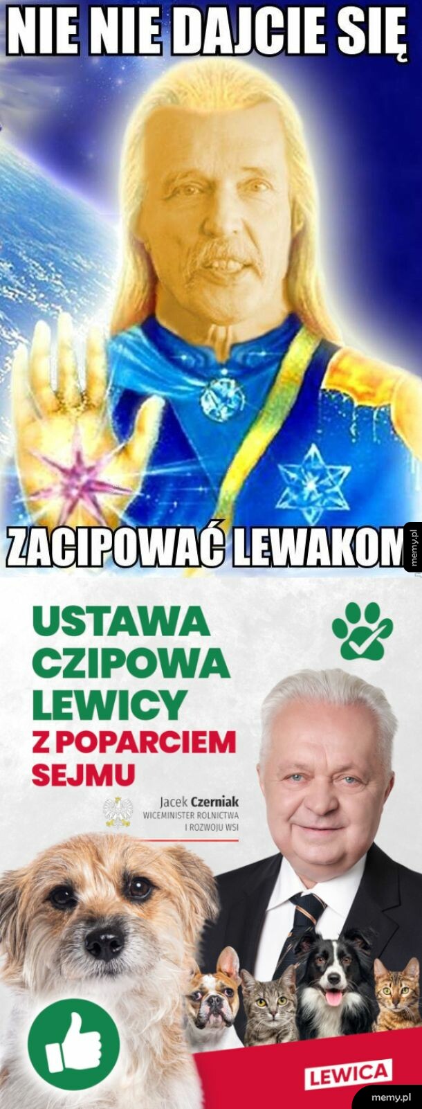 Mem z Januszem Korwin-Mikke jako postać kosmiczna i plakat z politykiem Lewicy oraz zwierzętami